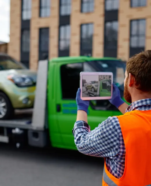 Male tow truck assistant take picture of loaded vehicle. Car insurance. Back view. Selective focus
